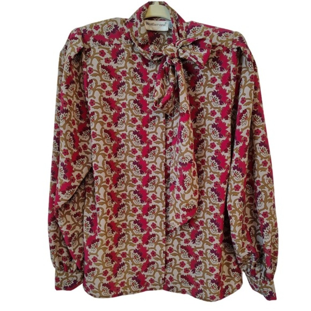 Vintage 70s‎ Weathervane Blouse Size 4 Floral Long Sleeve Neck Bow Secretary